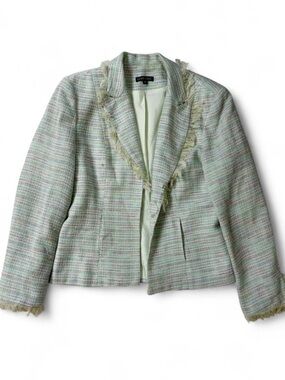 Boho Tweed Fringed Blazer Jacket in Mint Green